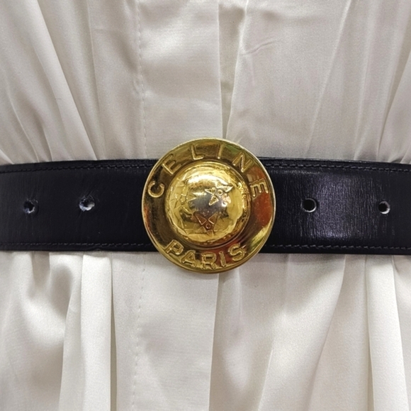 Celine Planet Belt In Navy Blue Leather and Gold Hardware Size 70 / 25 - Picture 4 of 14